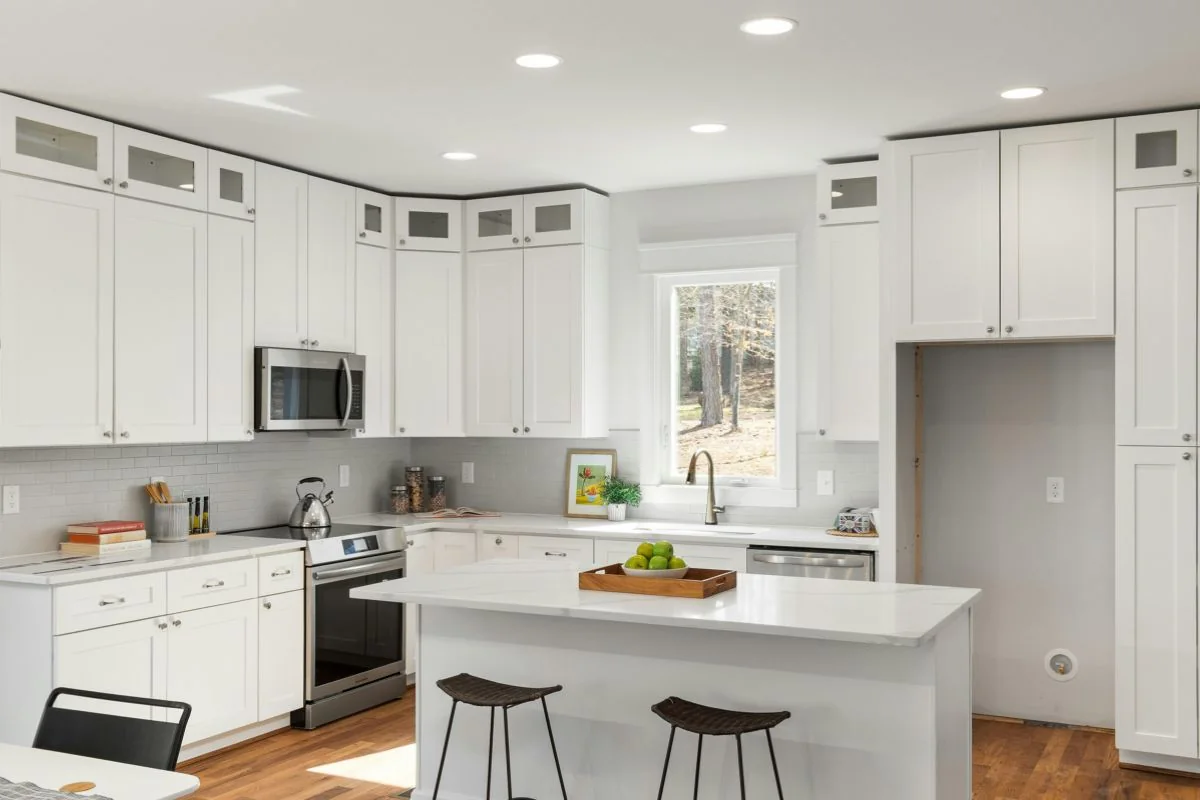 White kitchen with a central island and modern cabinets